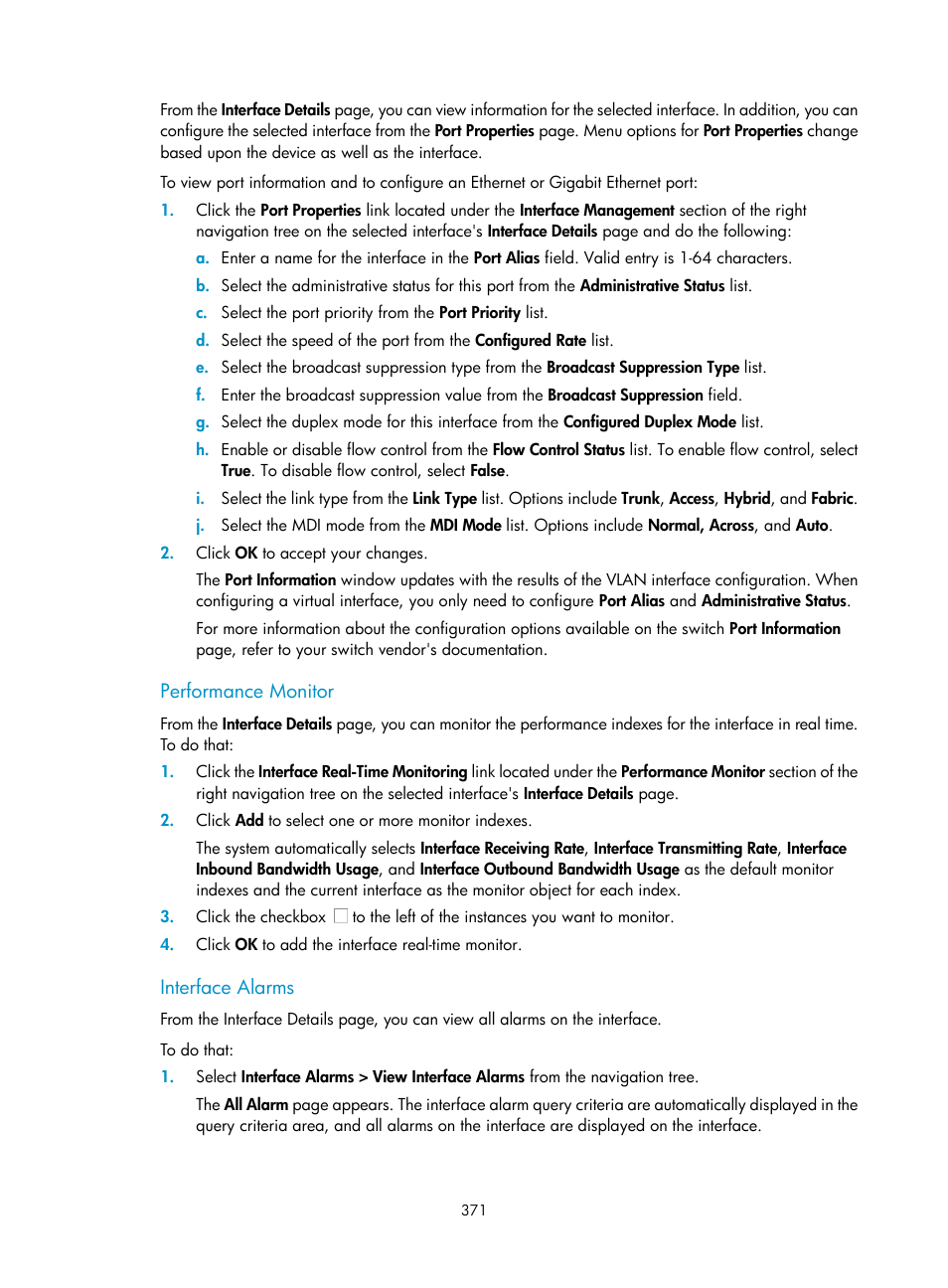 Performance monitor, Interface alarms | H3C Technologies H3C Intelligent Management Center User Manual | Page 385 / 1065