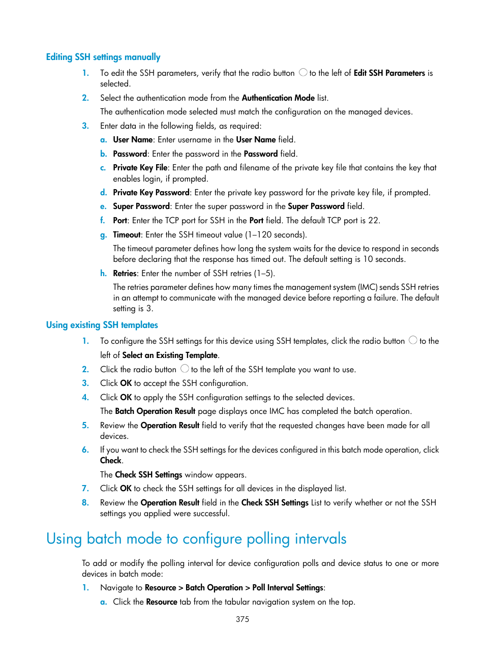 Editing ssh settings manually, Using existing ssh templates, Using batch mode to configure polling intervals | H3C Technologies H3C Intelligent Management Center User Manual | Page 389 / 1065