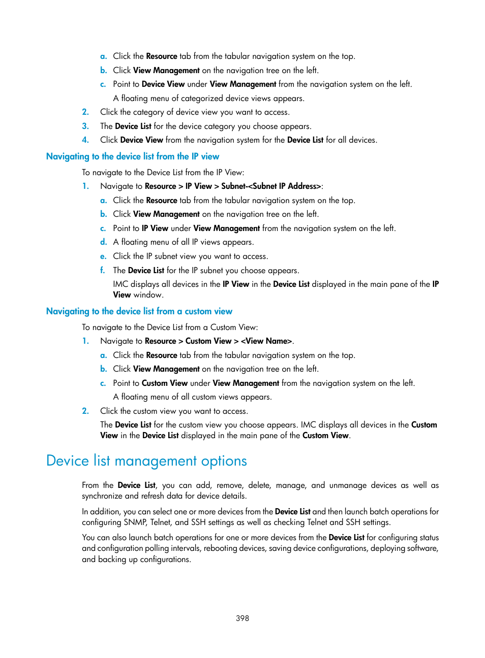 Navigating to the device list from the ip view, Navigating to the device list from a custom view, Device list management options | S, see | H3C Technologies H3C Intelligent Management Center User Manual | Page 412 / 1065