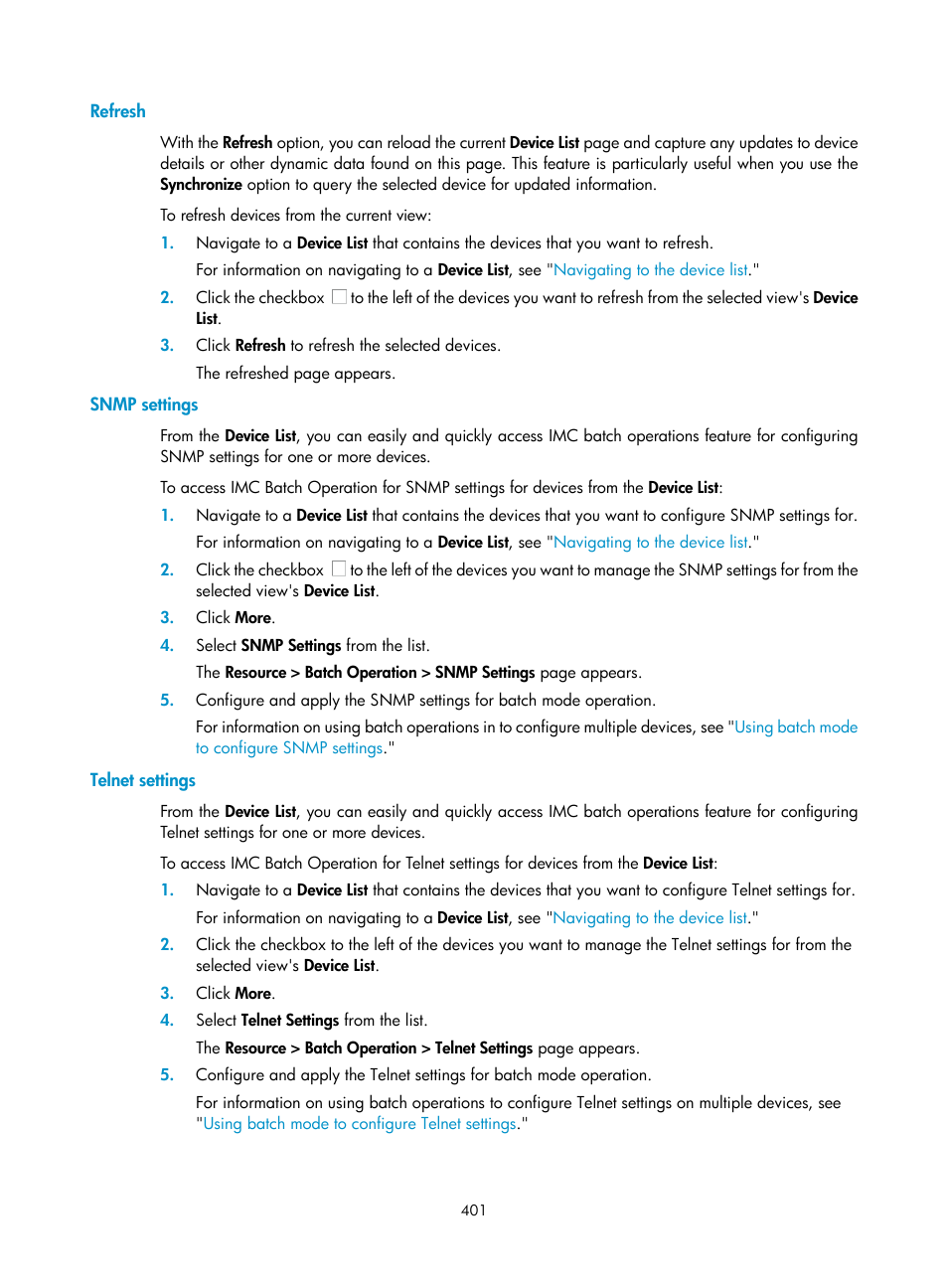 Refresh, Snmp settings, Telnet settings | H3C Technologies H3C Intelligent Management Center User Manual | Page 415 / 1065