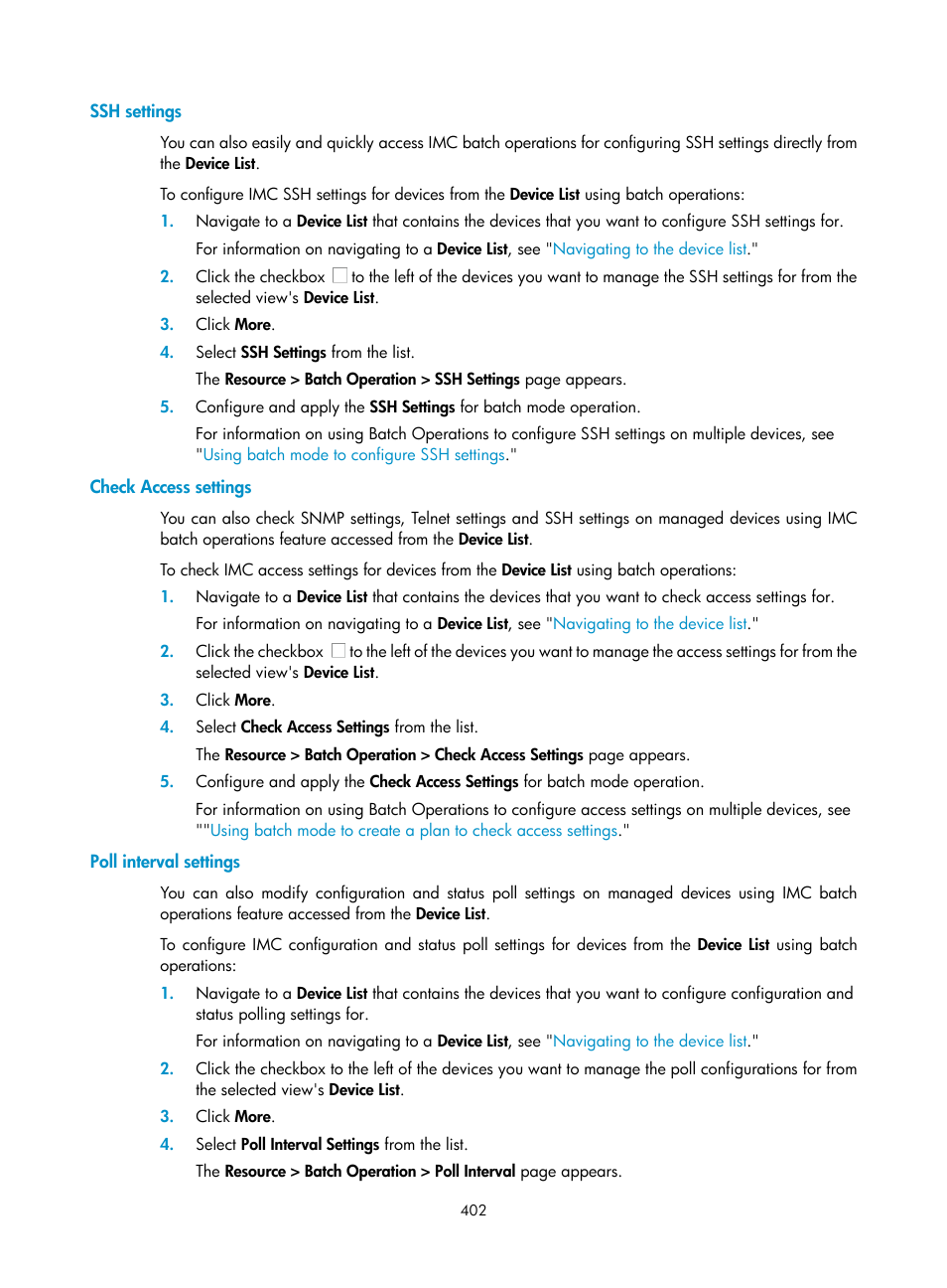 Ssh settings, Check access settings, Poll interval settings | H3C Technologies H3C Intelligent Management Center User Manual | Page 416 / 1065