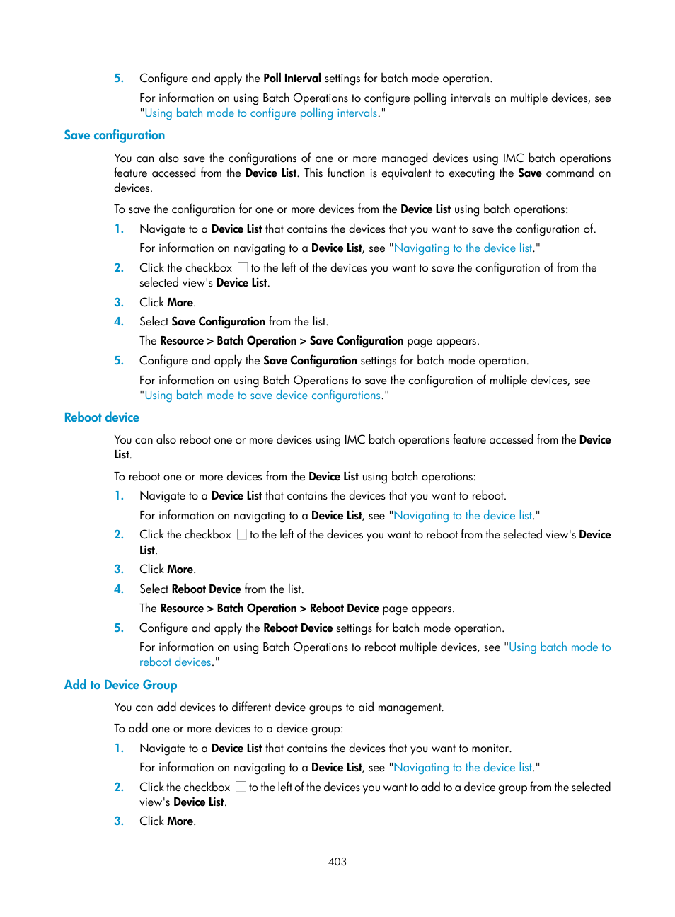 Save configuration, Reboot device, Add to device group | H3C Technologies H3C Intelligent Management Center User Manual | Page 417 / 1065