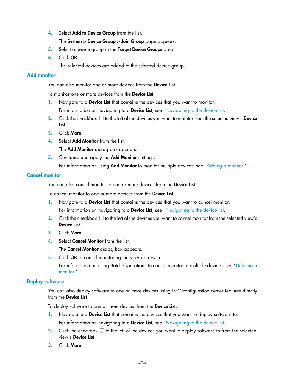 Add monitor, Cancel monitor, Deploy software | H3C Technologies H3C Intelligent Management Center User Manual | Page 418 / 1065