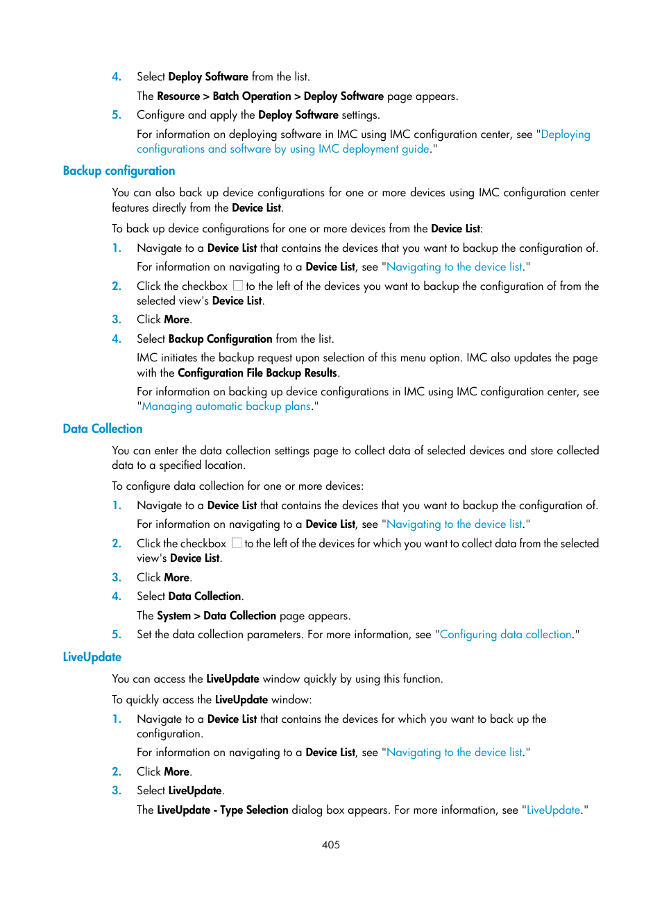 Backup configuration, Data collection, Liveupdate | H3C Technologies H3C Intelligent Management Center User Manual | Page 419 / 1065