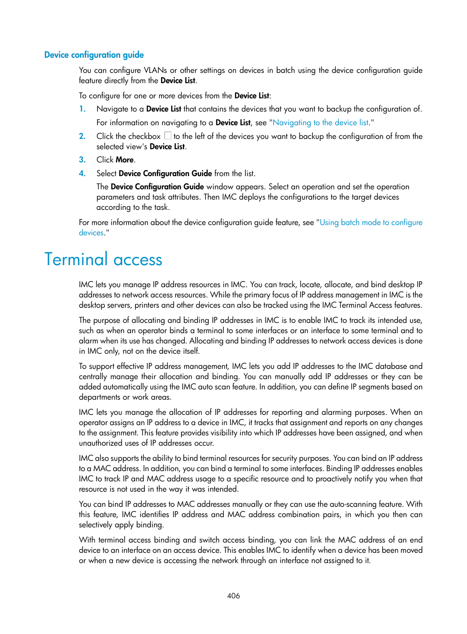 Device configuration guide, Terminal access | H3C Technologies H3C Intelligent Management Center User Manual | Page 420 / 1065