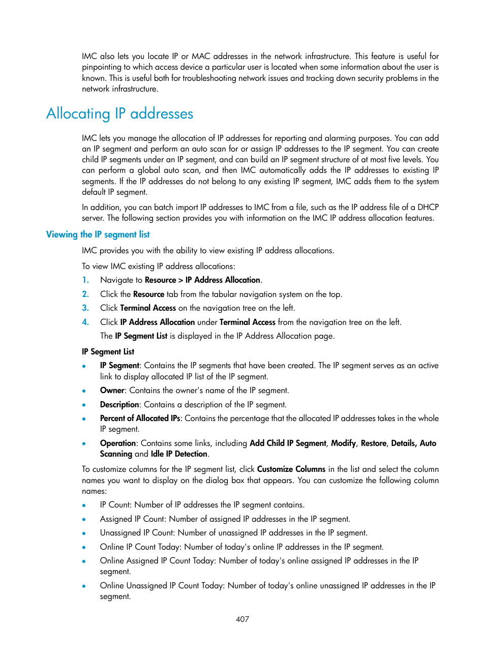 Allocating ip addresses, Viewing the ip segment list | H3C Technologies H3C Intelligent Management Center User Manual | Page 421 / 1065