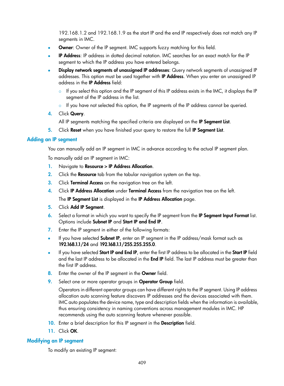 Adding an ip segment, Modifying an ip segment | H3C Technologies H3C Intelligent Management Center User Manual | Page 423 / 1065