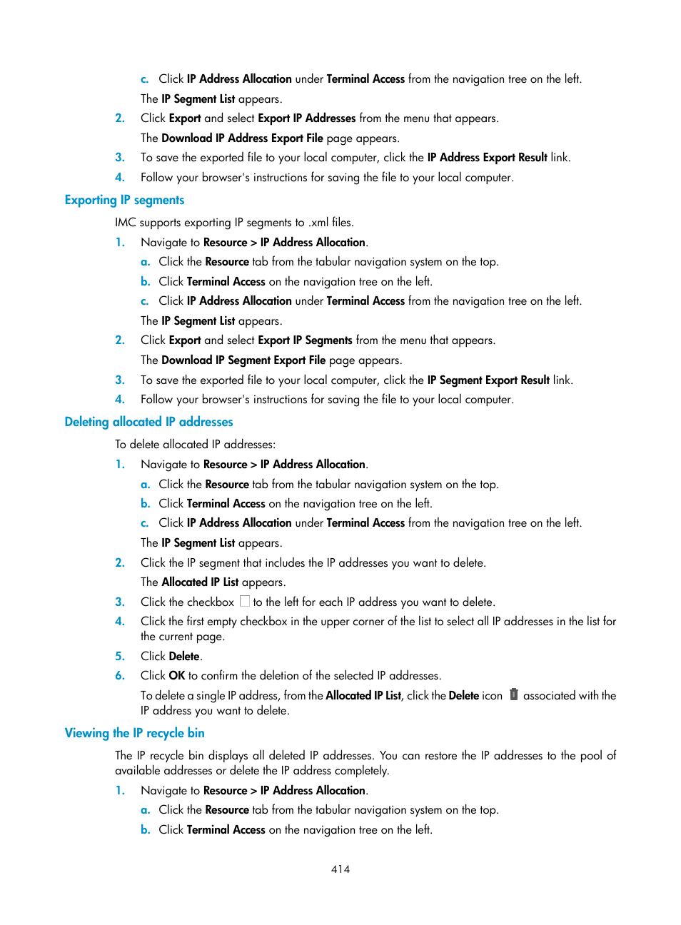 Exporting ip segments, Deleting allocated ip addresses, Viewing the ip recycle bin | H3C Technologies H3C Intelligent Management Center User Manual | Page 428 / 1065