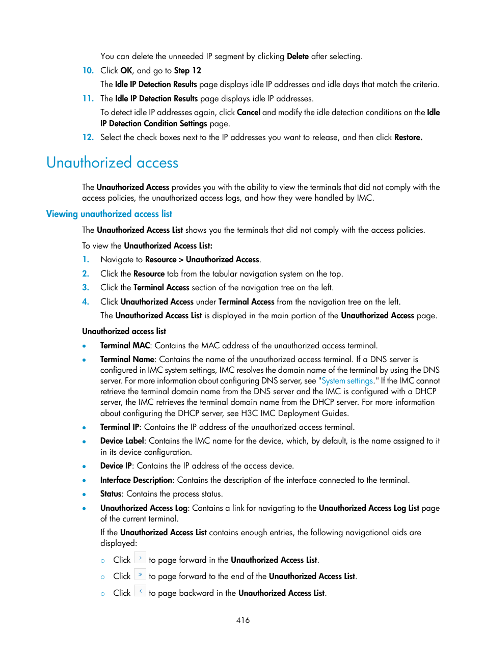 Unauthorized access, Viewing unauthorized access list | H3C Technologies H3C Intelligent Management Center User Manual | Page 430 / 1065