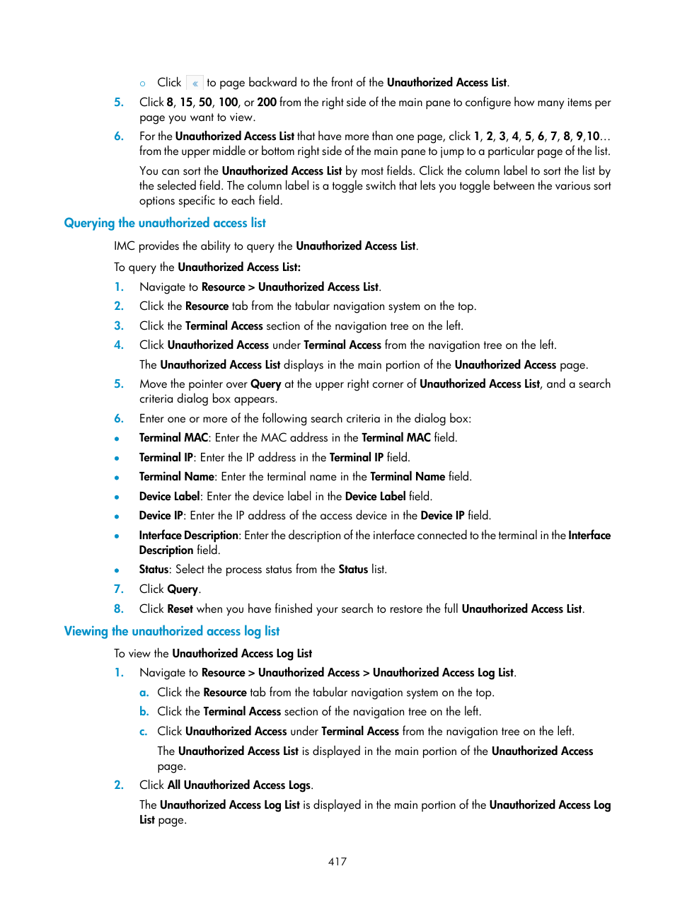 Querying the unauthorized access list, Viewing the unauthorized access log list | H3C Technologies H3C Intelligent Management Center User Manual | Page 431 / 1065