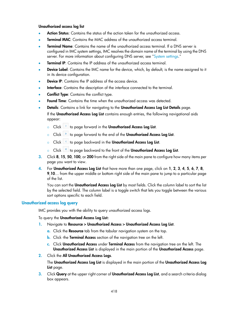 Unauthorized access log query | H3C Technologies H3C Intelligent Management Center User Manual | Page 432 / 1065