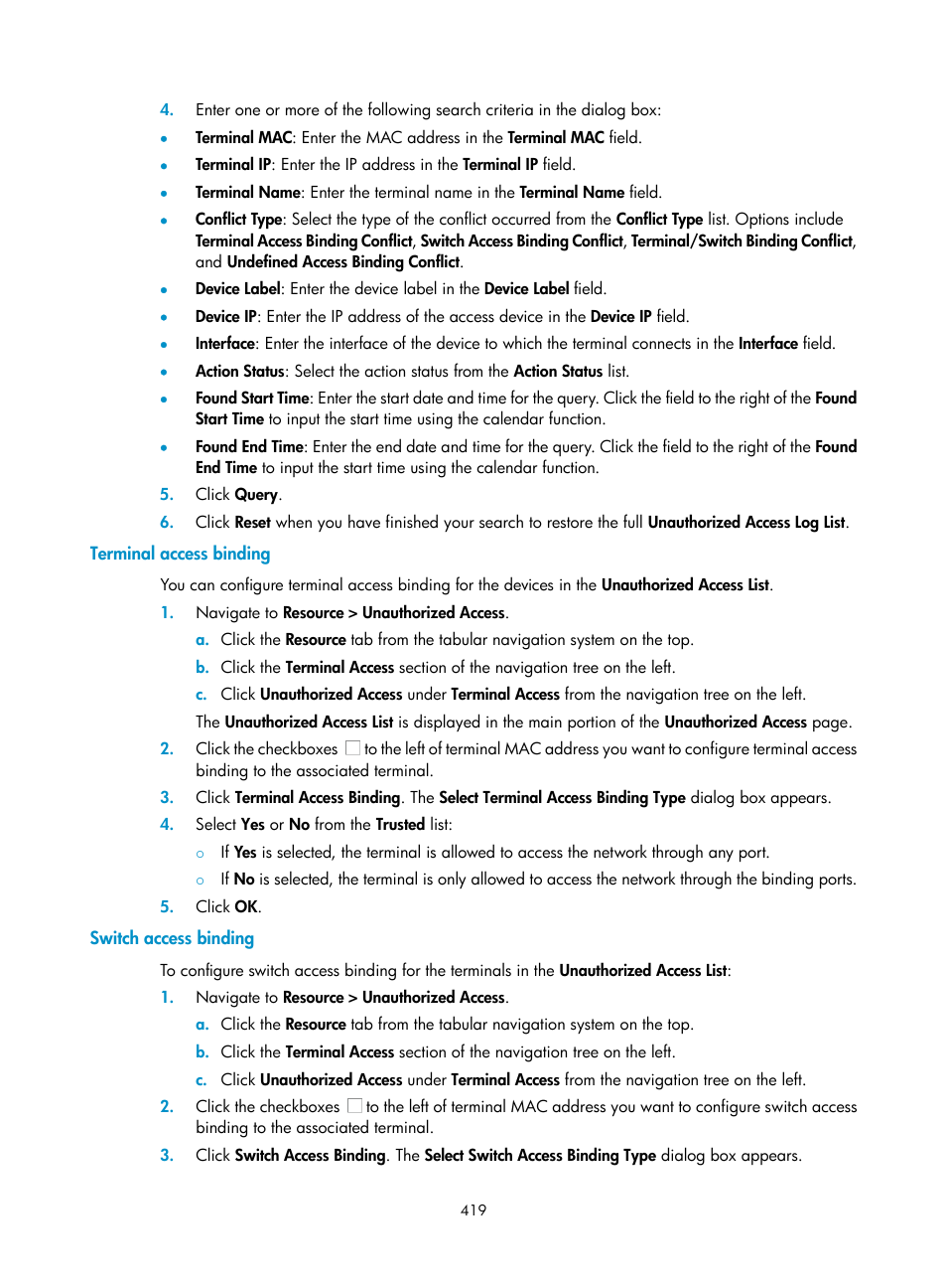 Terminal access binding, Switch access binding | H3C Technologies H3C Intelligent Management Center User Manual | Page 433 / 1065