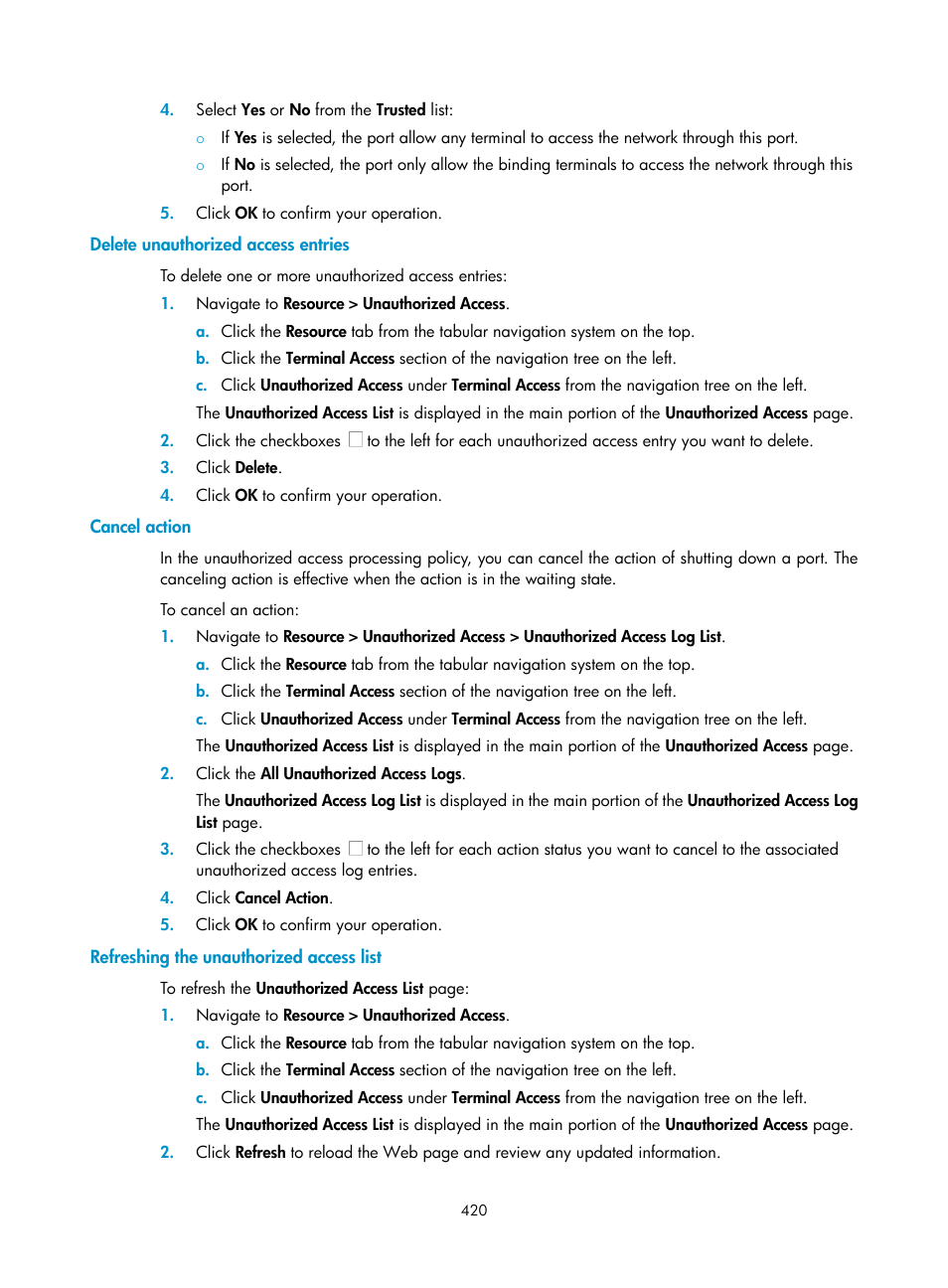 Delete unauthorized access entries, Cancel action, Refreshing the unauthorized access list | H3C Technologies H3C Intelligent Management Center User Manual | Page 434 / 1065