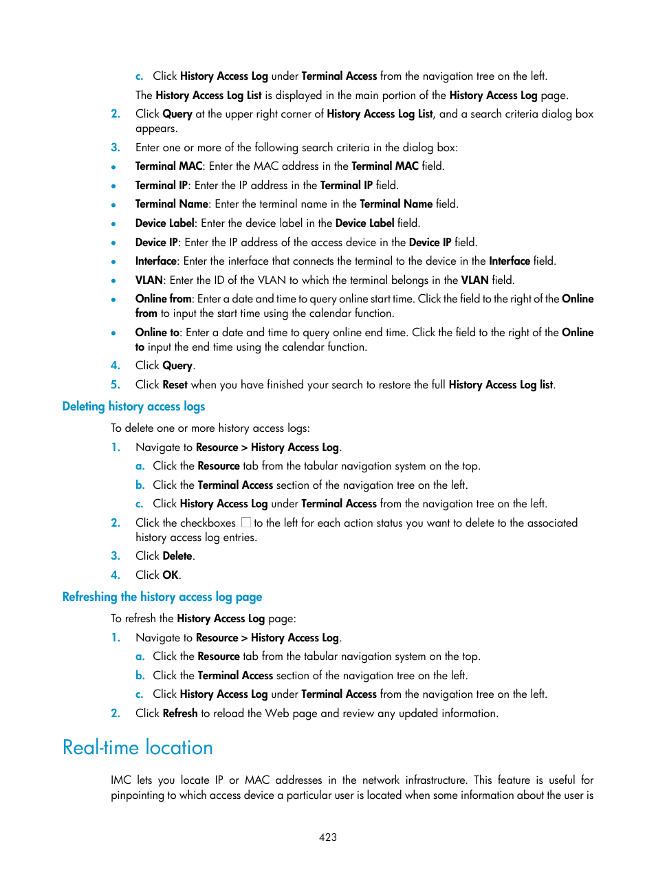 Deleting history access logs, Real-time location | H3C Technologies H3C Intelligent Management Center User Manual | Page 437 / 1065