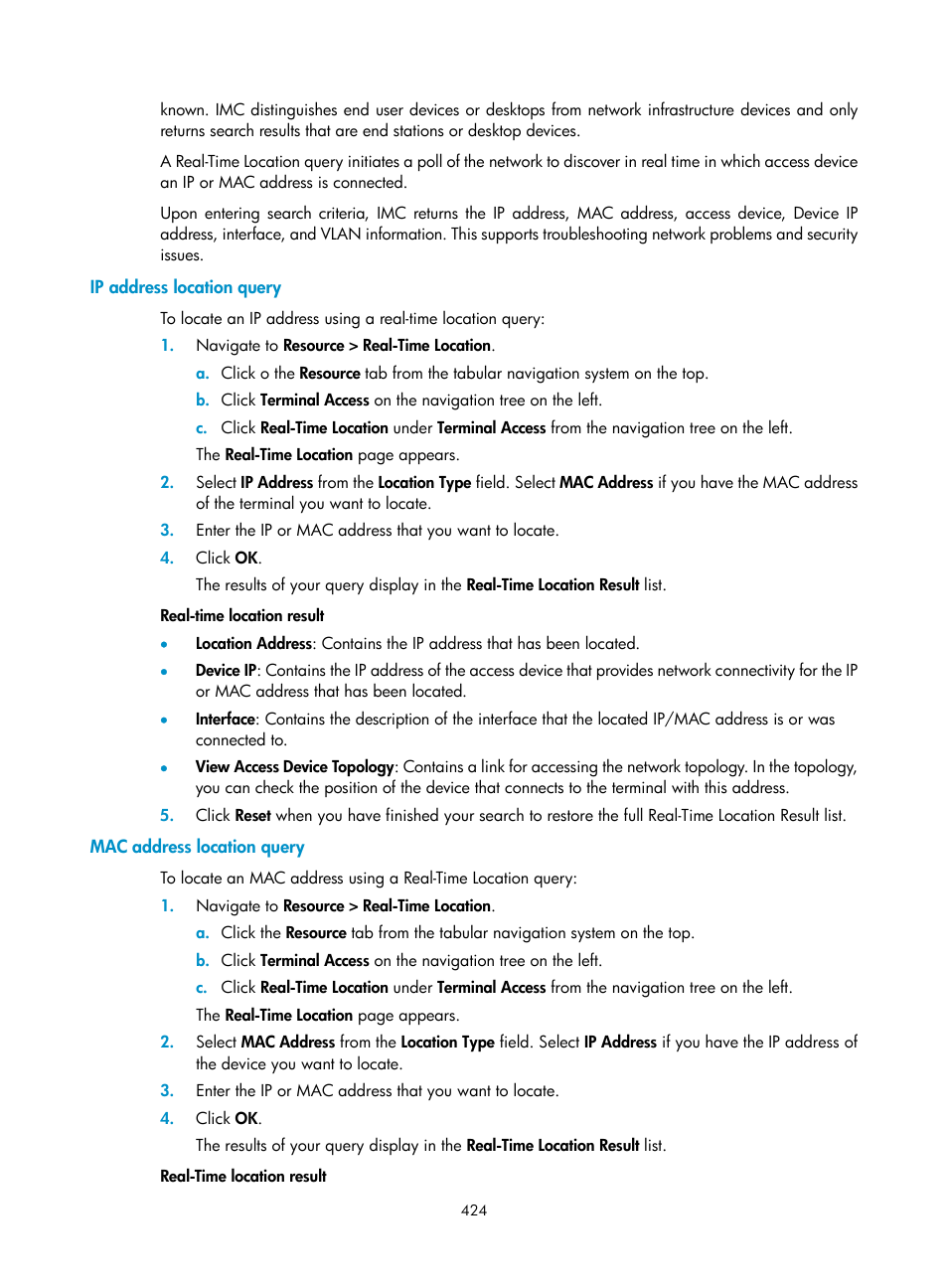 Ip address location query, Mac address location query | H3C Technologies H3C Intelligent Management Center User Manual | Page 438 / 1065