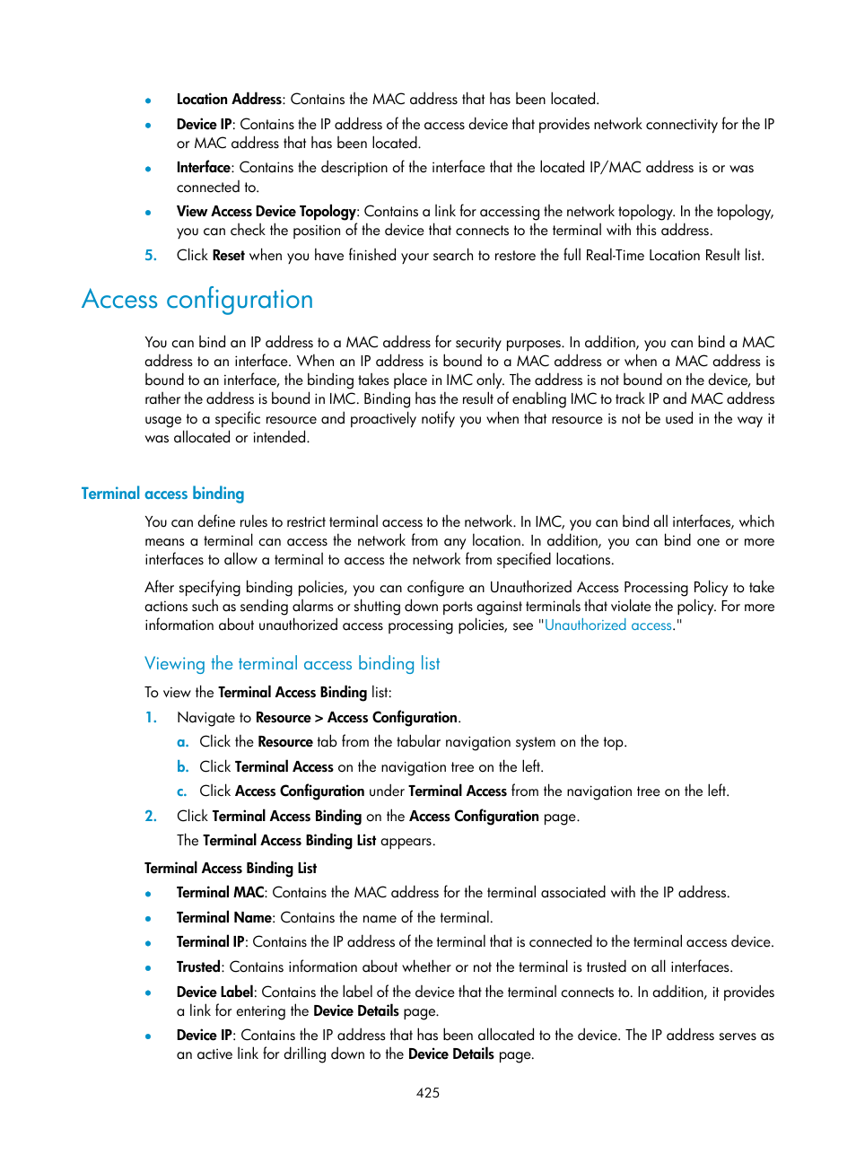 Access configuration, Terminal access binding, Viewing the terminal access binding list | H3C Technologies H3C Intelligent Management Center User Manual | Page 439 / 1065