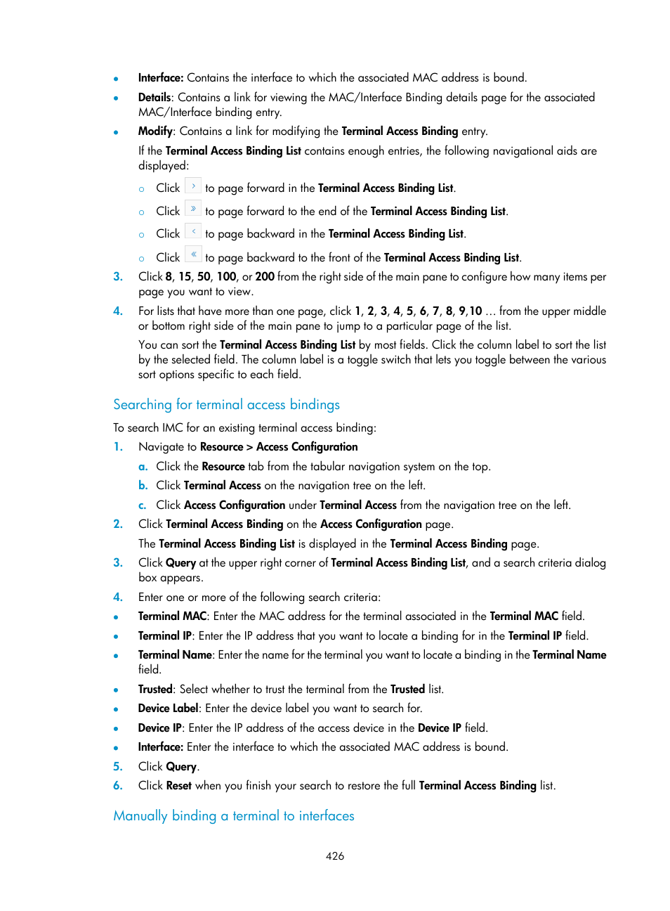 Searching for terminal access bindings, Manually binding a terminal to interfaces | H3C Technologies H3C Intelligent Management Center User Manual | Page 440 / 1065