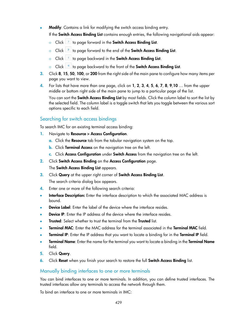 Searching for switch access bindings | H3C Technologies H3C Intelligent Management Center User Manual | Page 443 / 1065