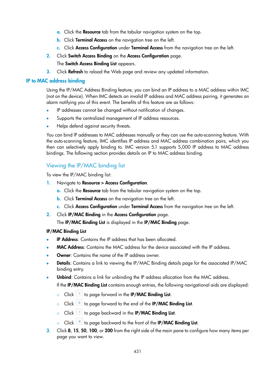 Ip to mac address binding, Viewing the ip/mac binding list | H3C Technologies H3C Intelligent Management Center User Manual | Page 445 / 1065