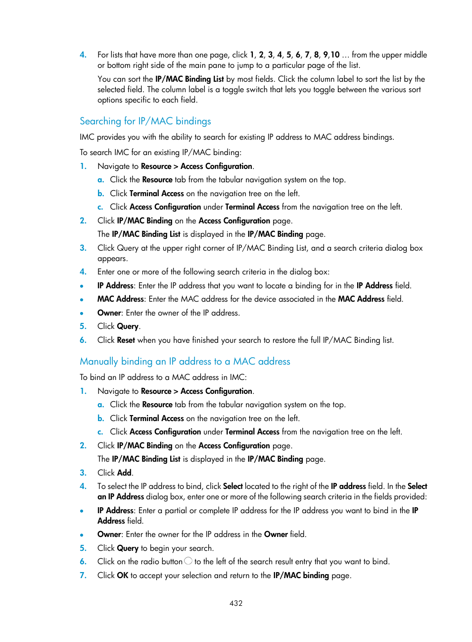 Searching for ip/mac bindings, Manually binding an ip address to a mac address | H3C Technologies H3C Intelligent Management Center User Manual | Page 446 / 1065