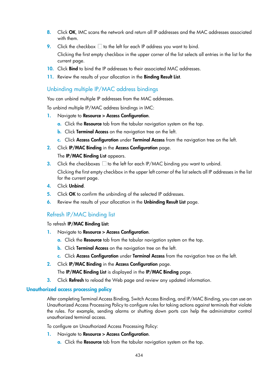 Unbinding multiple ip/mac address bindings, Refresh ip/mac binding list, Unauthorized access processing policy | H3C Technologies H3C Intelligent Management Center User Manual | Page 448 / 1065