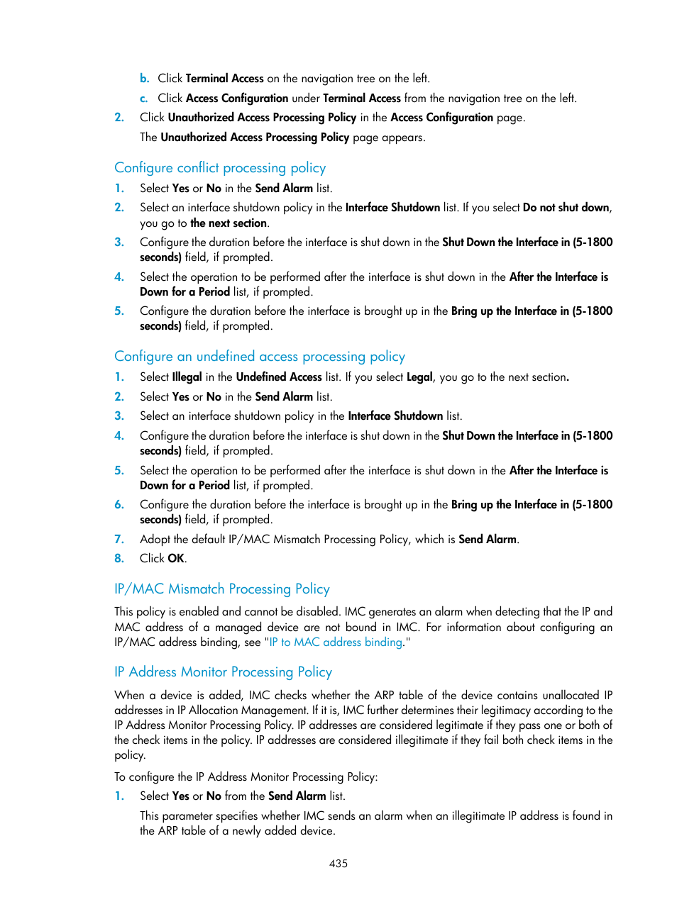 Configure conflict processing policy, Configure an undefined access processing policy, Ip/mac mismatch processing policy | Ip address monitor processing policy | H3C Technologies H3C Intelligent Management Center User Manual | Page 449 / 1065