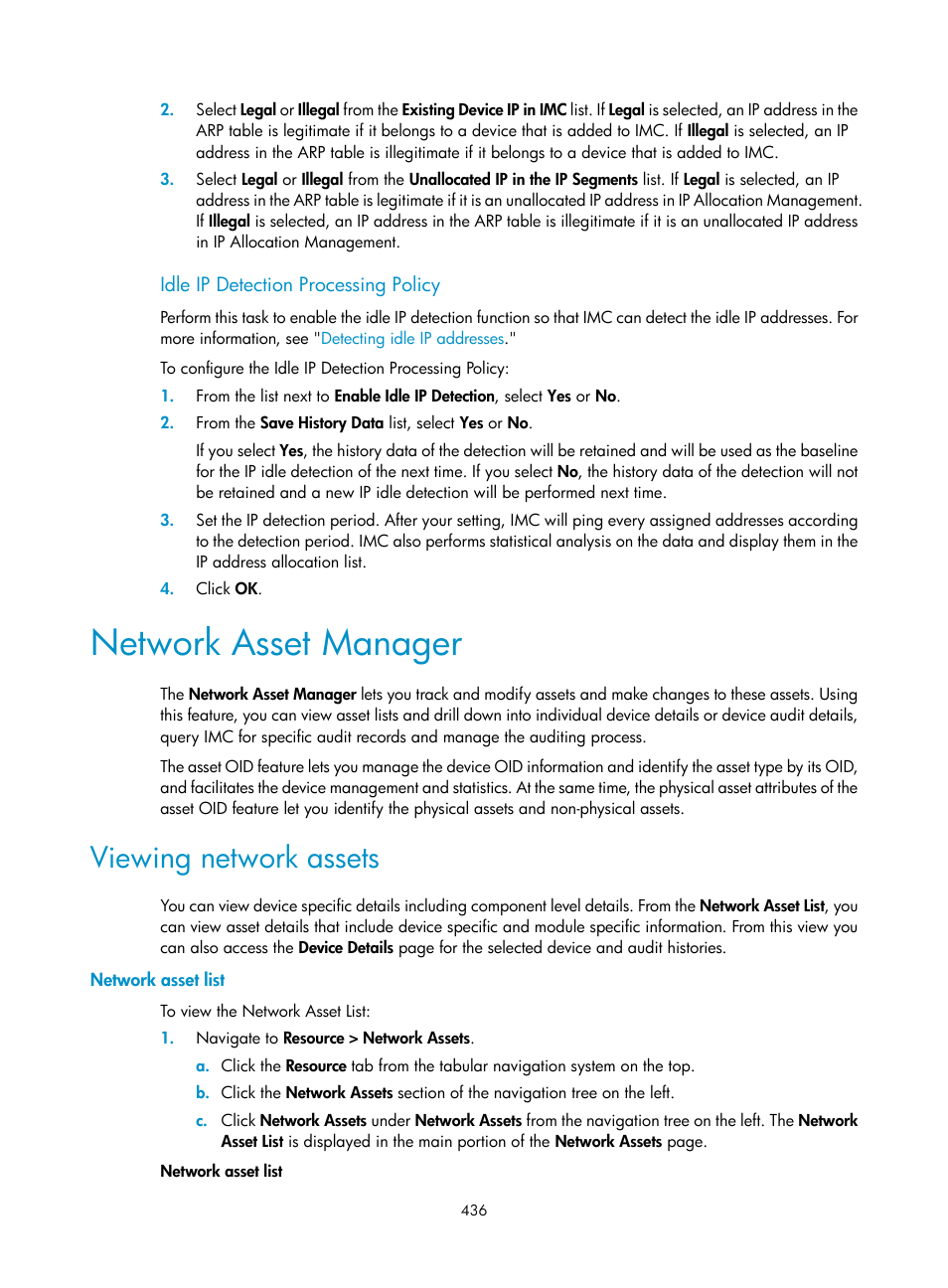 Idle ip detection processing policy, Network asset manager, Viewing network assets | Network asset list, Idle ip detection, Processing policy | H3C Technologies H3C Intelligent Management Center User Manual | Page 450 / 1065