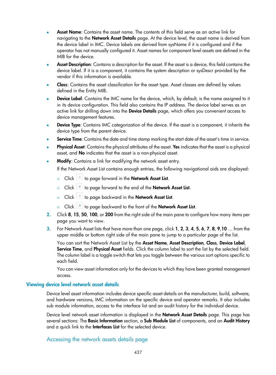 Viewing device level network asset details, Accessing the network assets details page | H3C Technologies H3C Intelligent Management Center User Manual | Page 451 / 1065