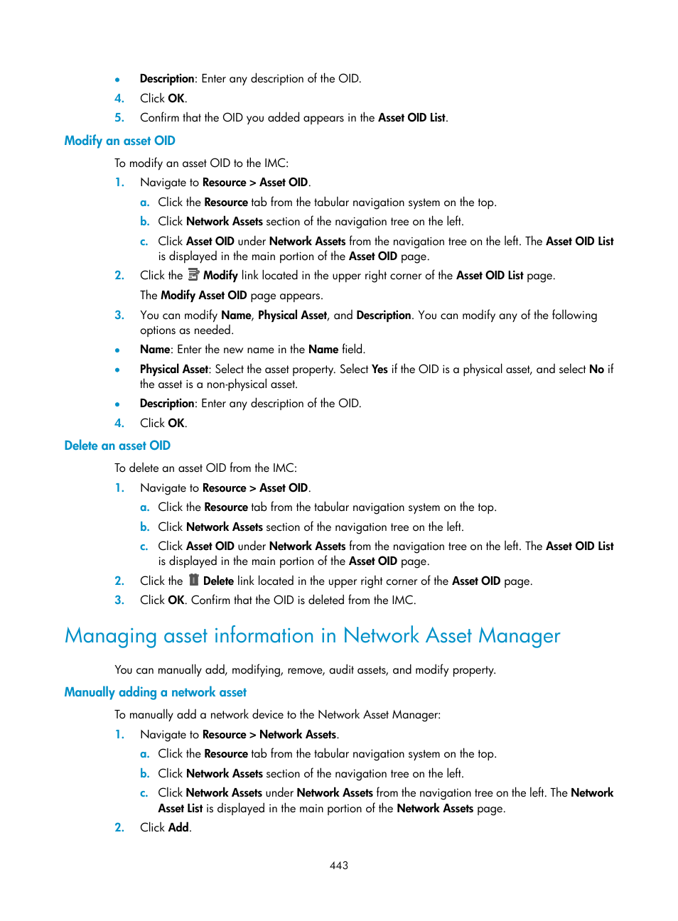 Modify an asset oid, Delete an asset oid, Manually adding a network asset | H3C Technologies H3C Intelligent Management Center User Manual | Page 457 / 1065