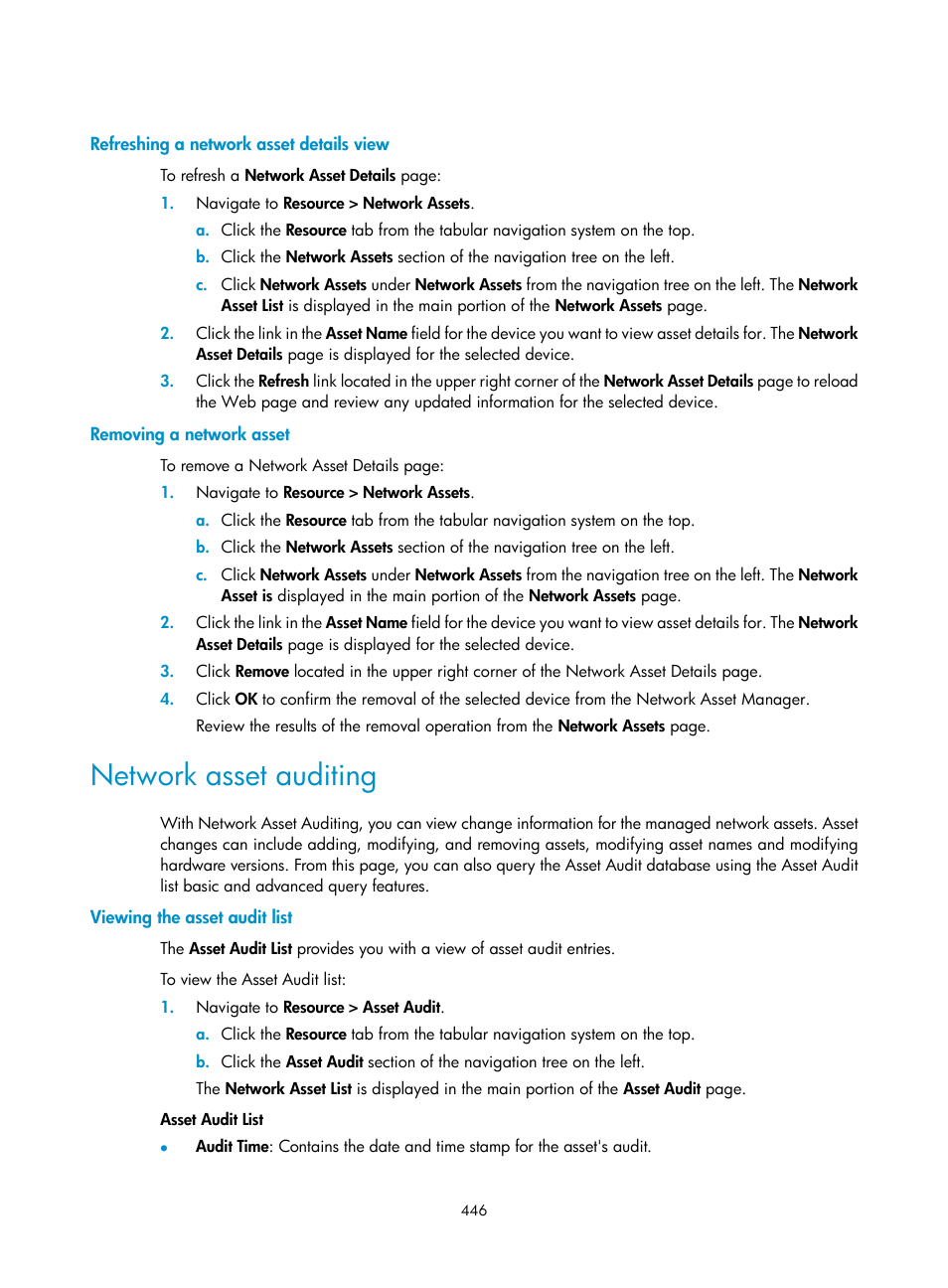 Refreshing a network asset details view, Removing a network asset, Network asset auditing | Viewing the asset audit list | H3C Technologies H3C Intelligent Management Center User Manual | Page 460 / 1065