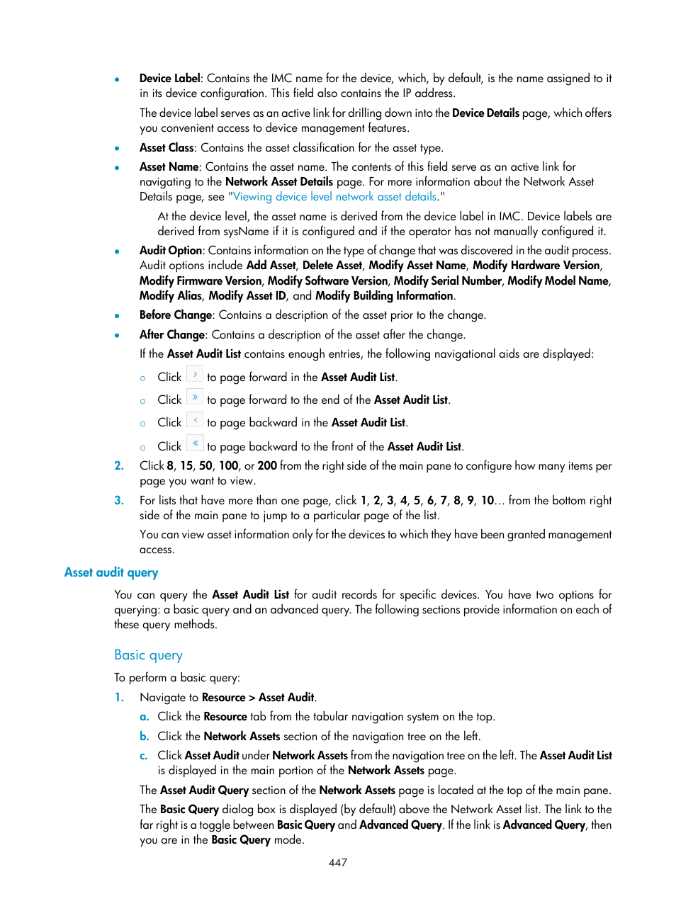 Asset audit query, Basic query | H3C Technologies H3C Intelligent Management Center User Manual | Page 461 / 1065