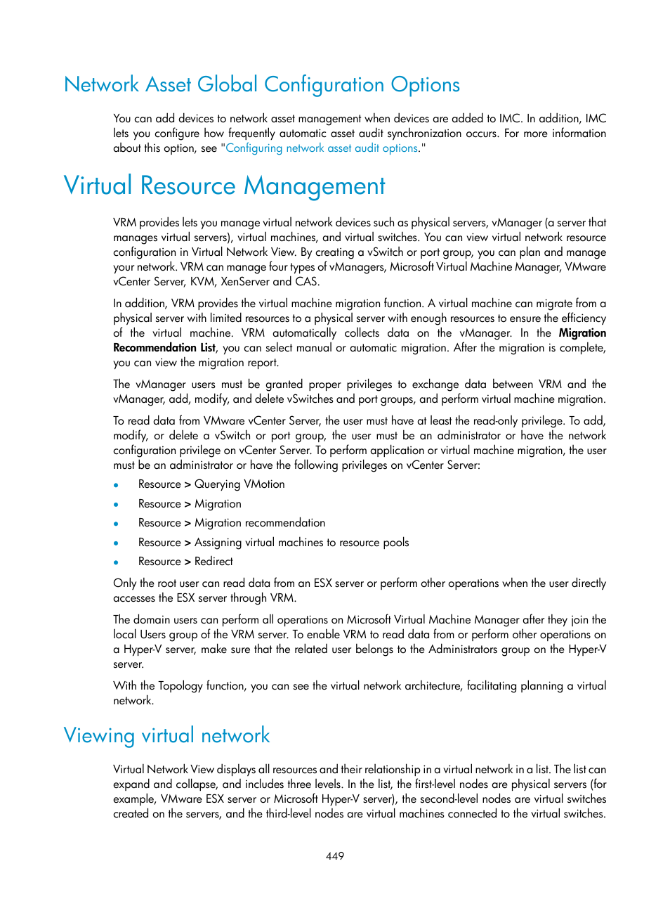 Network asset global configuration options, Virtual resource management, Viewing virtual network | H3C Technologies H3C Intelligent Management Center User Manual | Page 463 / 1065