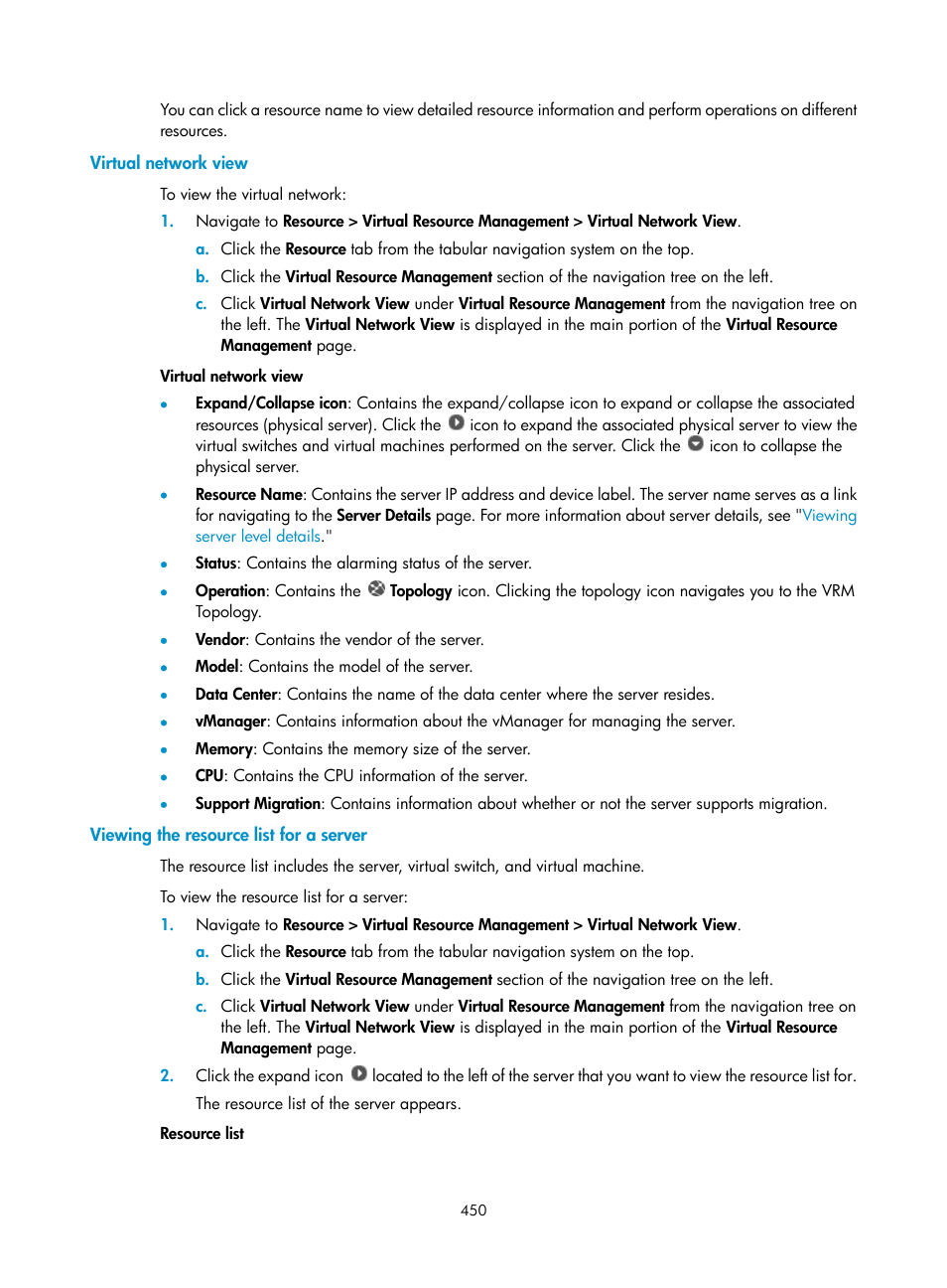 Virtual network view, Viewing the resource list for a server | H3C Technologies H3C Intelligent Management Center User Manual | Page 464 / 1065