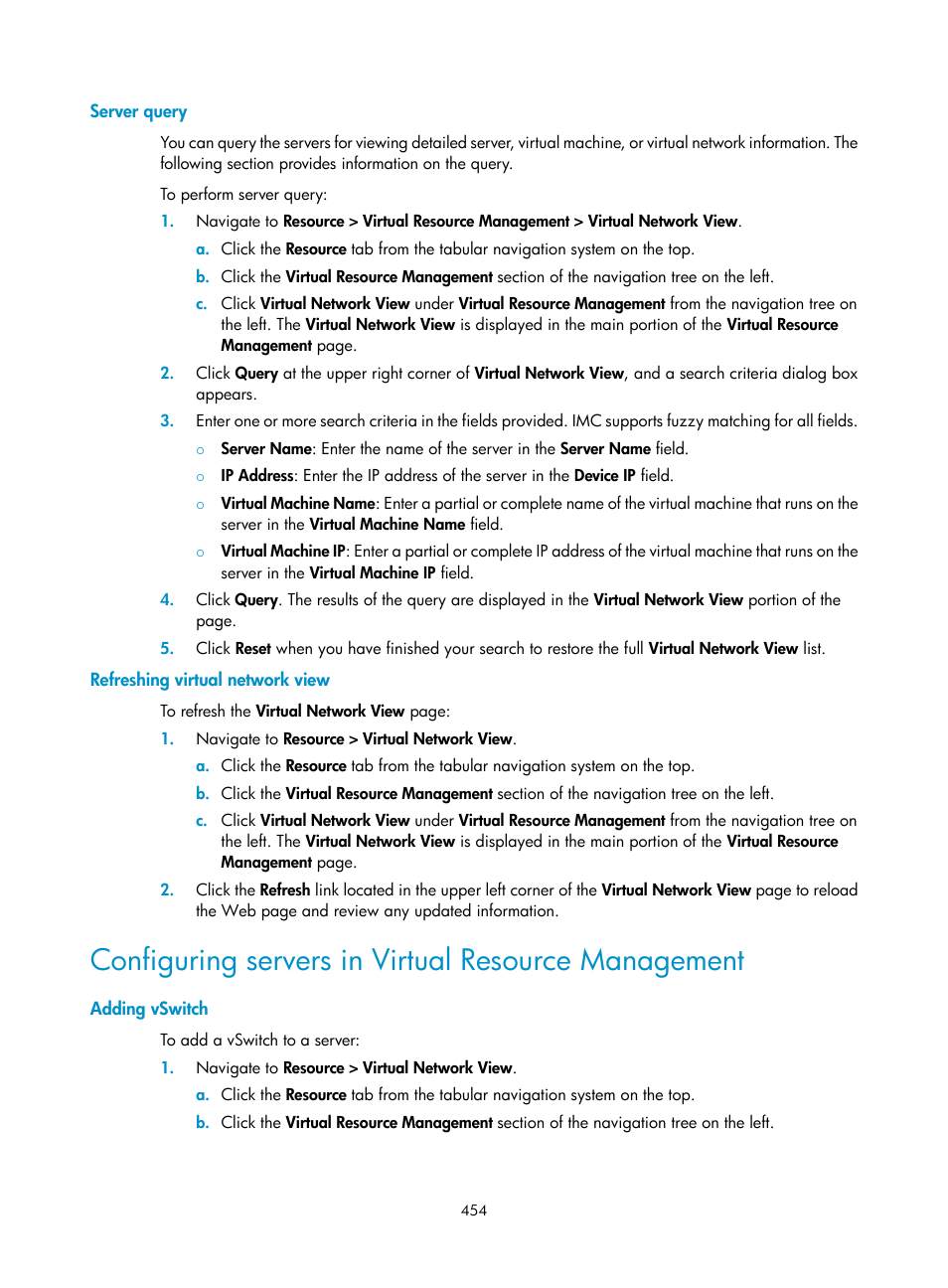 Server query, Refreshing virtual network view, Configuring servers in virtual resource management | Adding vswitch | H3C Technologies H3C Intelligent Management Center User Manual | Page 468 / 1065