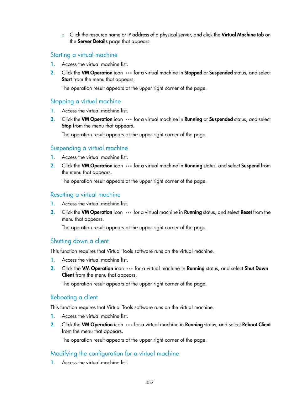 Starting a virtual machine, Stopping a virtual machine, Suspending a virtual machine | Resetting a virtual machine, Shutting down a client, Rebooting a client, Modifying the configuration for a virtual machine | H3C Technologies H3C Intelligent Management Center User Manual | Page 471 / 1065