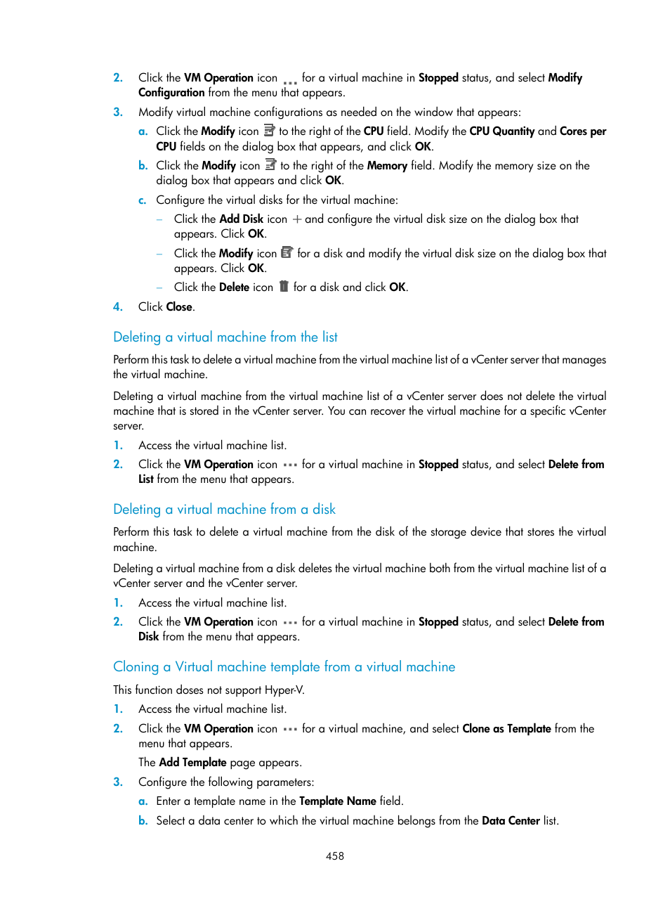 Deleting a virtual machine from the list, Deleting a virtual machine from a disk | H3C Technologies H3C Intelligent Management Center User Manual | Page 472 / 1065