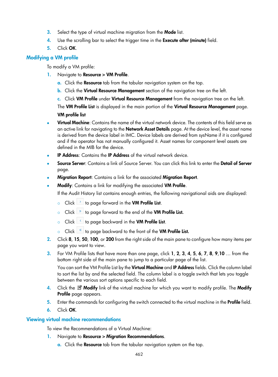 Modifying a vm profile, Viewing virtual machine recommendations | H3C Technologies H3C Intelligent Management Center User Manual | Page 476 / 1065