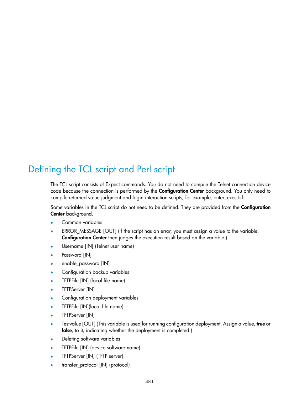 Defining the tcl script and perl script | H3C Technologies H3C Intelligent Management Center User Manual | Page 495 / 1065