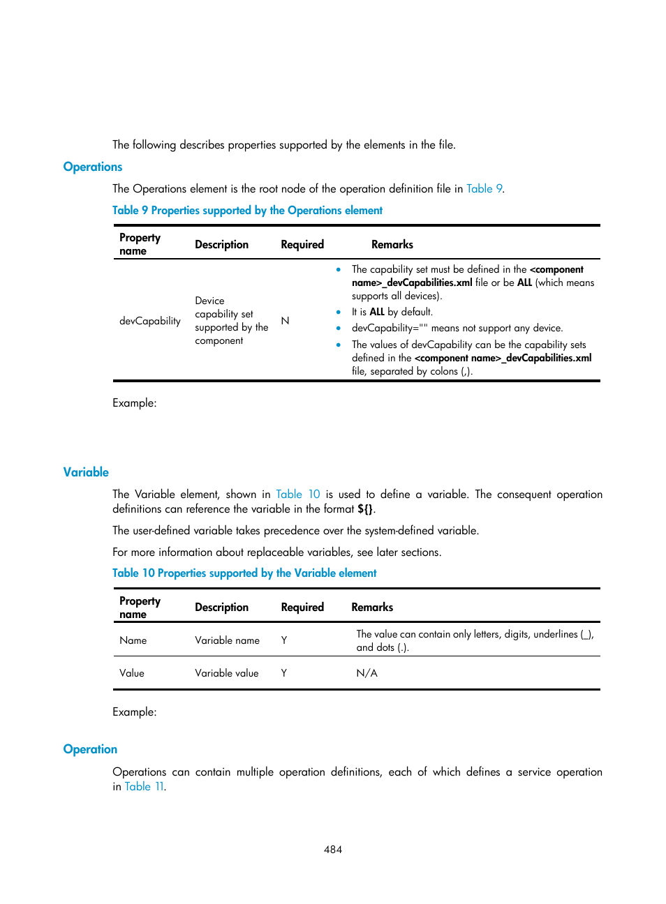 Operations, Variable, Operation | H3C Technologies H3C Intelligent Management Center User Manual | Page 498 / 1065