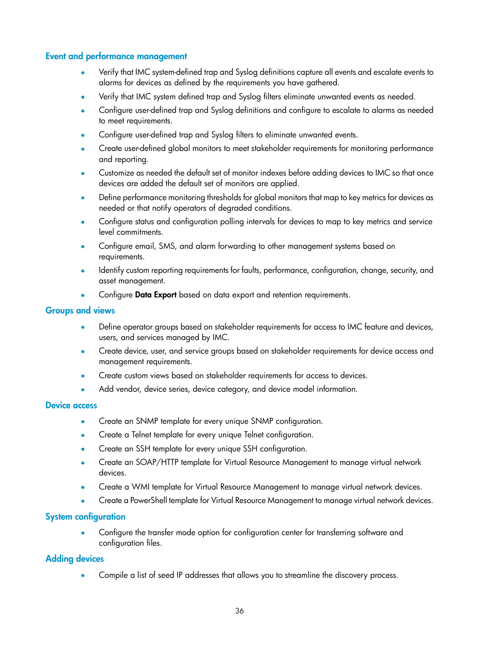 Event and performance management, Groups and views, Device access | System configuration, Adding devices | H3C Technologies H3C Intelligent Management Center User Manual | Page 50 / 1065