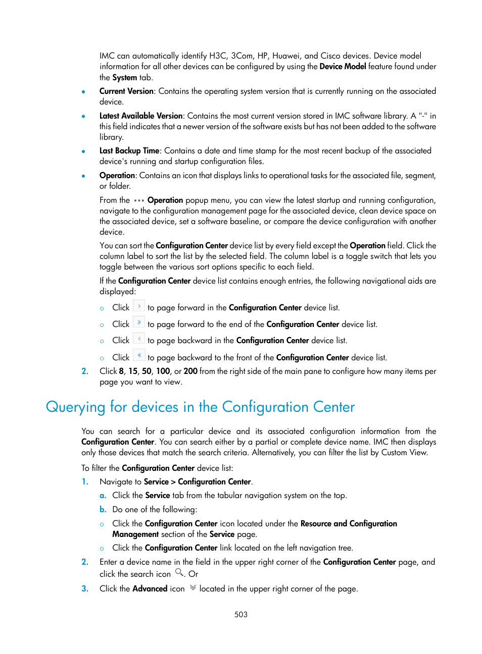 Querying for devices in the configuration center | H3C Technologies H3C Intelligent Management Center User Manual | Page 517 / 1065