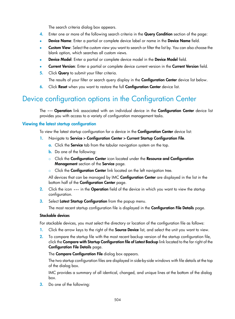 Viewing the latest startup configuration | H3C Technologies H3C Intelligent Management Center User Manual | Page 518 / 1065