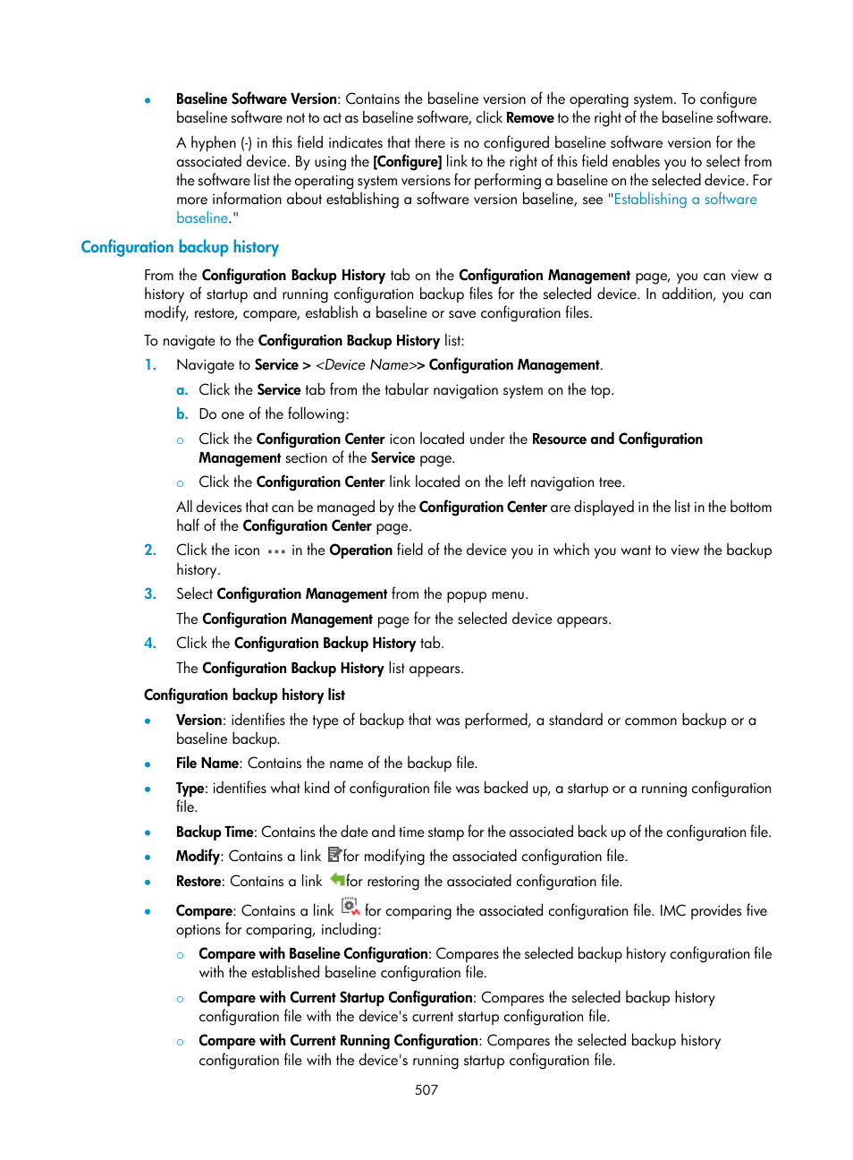 Configuration backup history | H3C Technologies H3C Intelligent Management Center User Manual | Page 521 / 1065