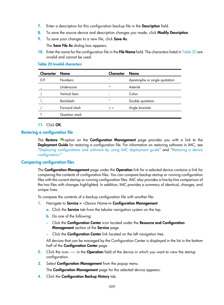 Restoring a configuration file, Comparing configuration files | H3C Technologies H3C Intelligent Management Center User Manual | Page 523 / 1065