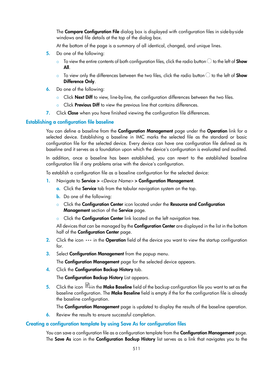 Establishing a configuration file baseline | H3C Technologies H3C Intelligent Management Center User Manual | Page 525 / 1065