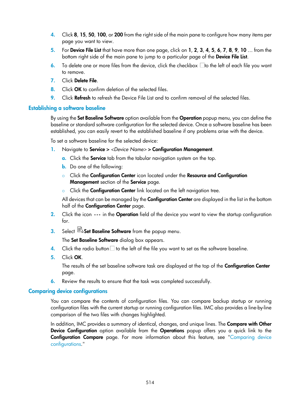 Establishing a software baseline, Comparing device configurations | H3C Technologies H3C Intelligent Management Center User Manual | Page 528 / 1065