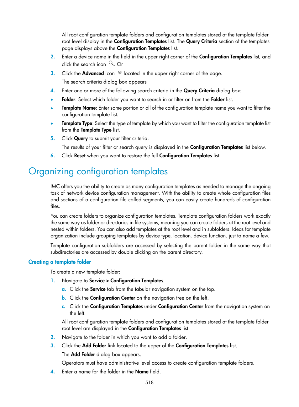 Organizing configuration templates, Creating a template folder | H3C Technologies H3C Intelligent Management Center User Manual | Page 532 / 1065