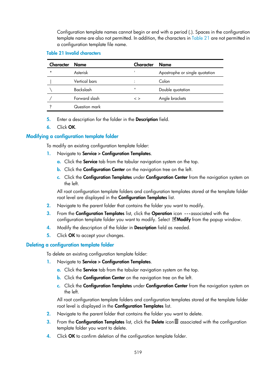 Modifying a configuration template folder, Deleting a configuration template folder | H3C Technologies H3C Intelligent Management Center User Manual | Page 533 / 1065