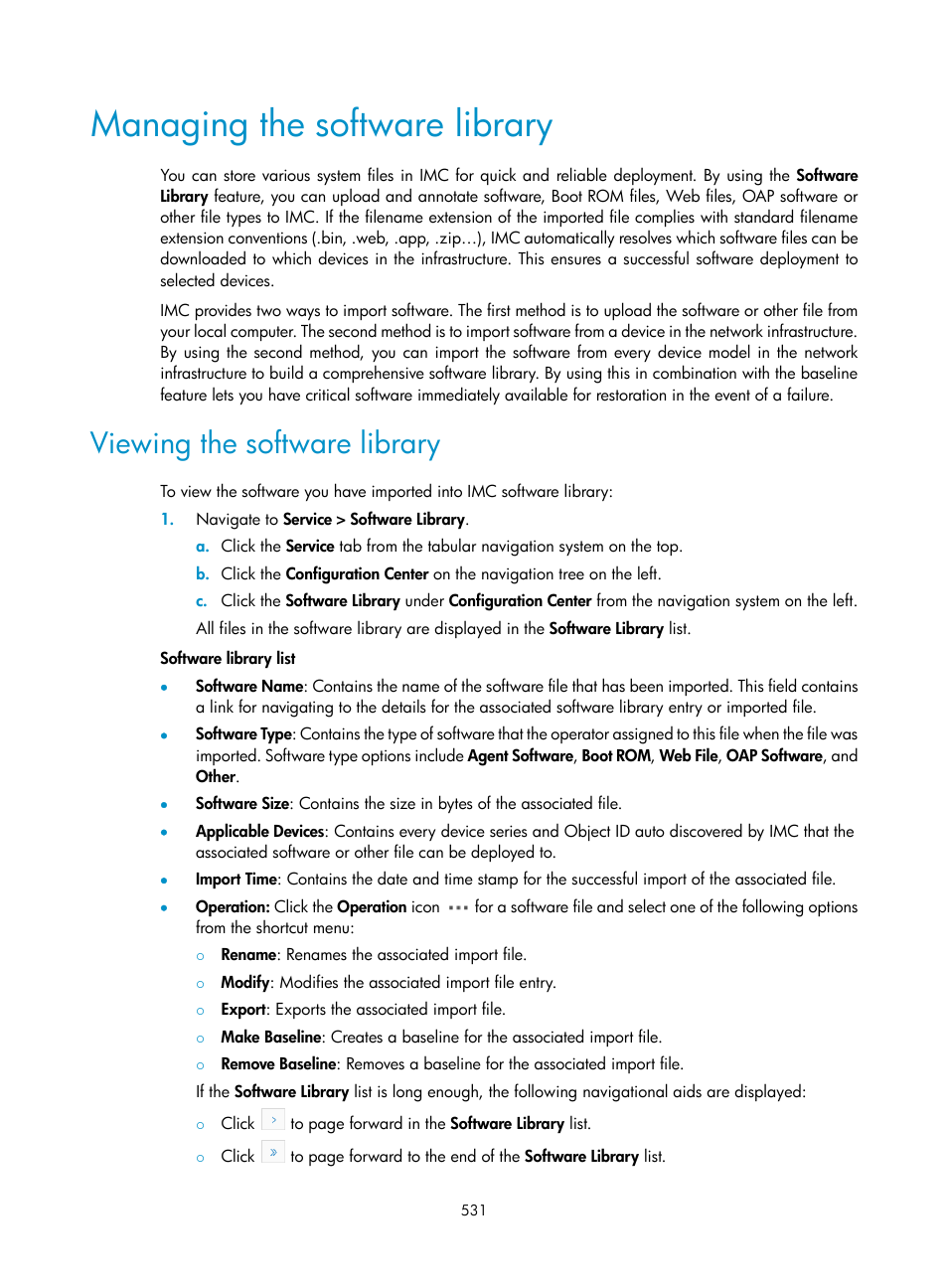 Managing the software library, Viewing the software library | H3C Technologies H3C Intelligent Management Center User Manual | Page 545 / 1065