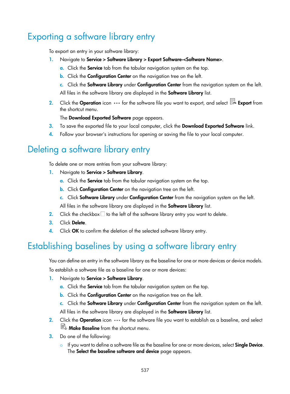 Exporting a software library entry, Deleting a software library entry | H3C Technologies H3C Intelligent Management Center User Manual | Page 551 / 1065